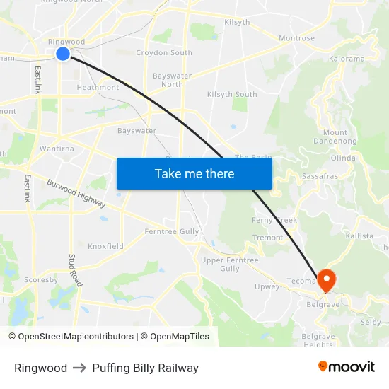 Ringwood to Puffing Billy Railway map