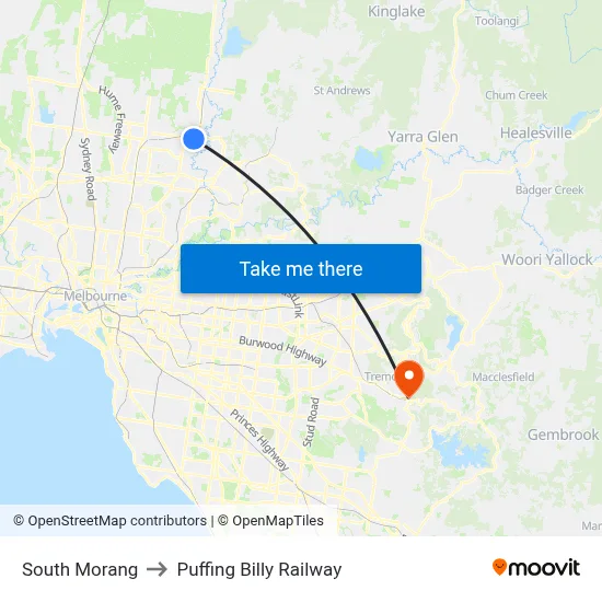 South Morang to Puffing Billy Railway map