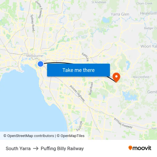 South Yarra to Puffing Billy Railway map