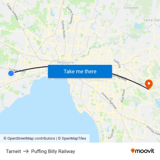 Tarneit to Puffing Billy Railway map