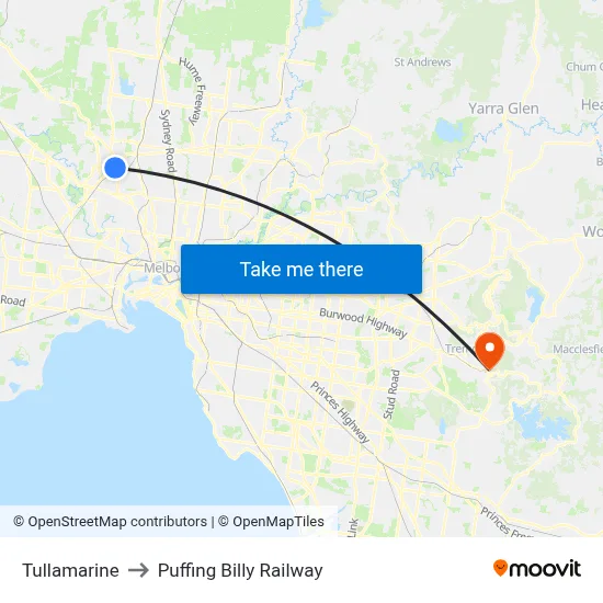 Tullamarine to Puffing Billy Railway map