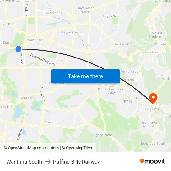 Wantirna South to Puffing Billy Railway map
