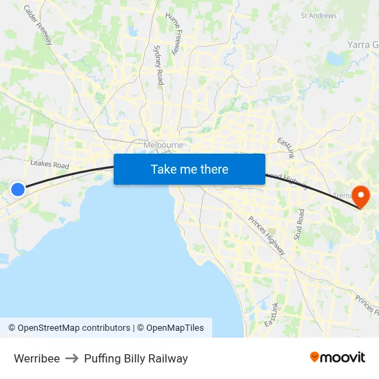Werribee to Puffing Billy Railway map