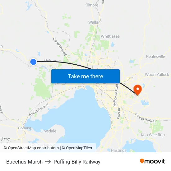 Bacchus Marsh to Puffing Billy Railway map