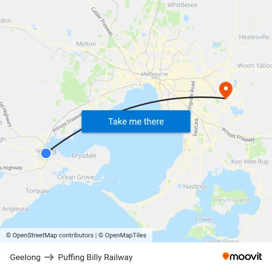 Geelong to Puffing Billy Railway map