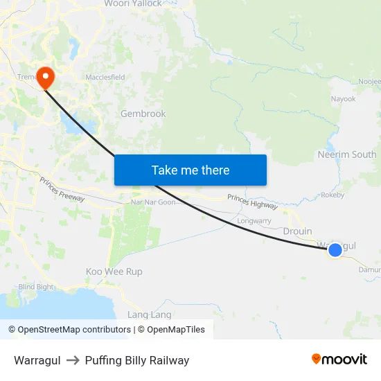 Warragul to Puffing Billy Railway map