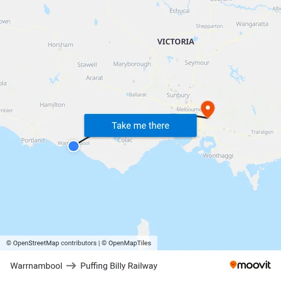 Warrnambool to Puffing Billy Railway map