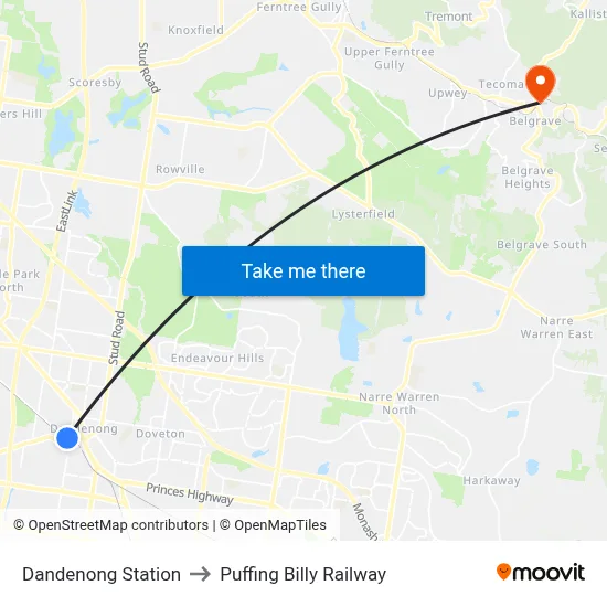 Dandenong Station to Puffing Billy Railway map