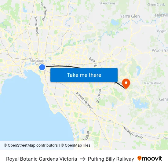 Royal Botanic Gardens Victoria to Puffing Billy Railway map