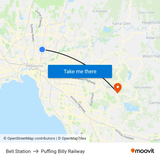Bell Station to Puffing Billy Railway map
