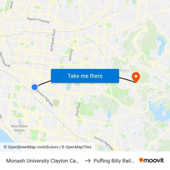 Monash University Clayton Campus to Puffing Billy Railway map
