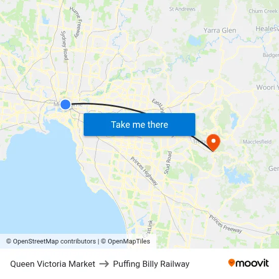 Queen Victoria Market to Puffing Billy Railway map