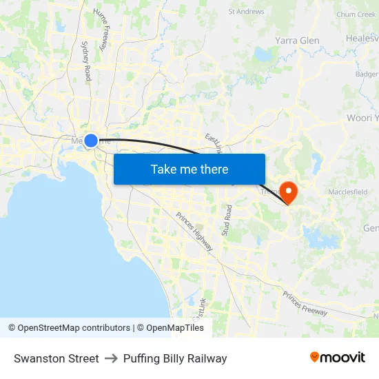 Swanston Street to Puffing Billy Railway map