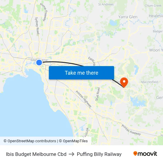 Ibis Budget Melbourne Cbd to Puffing Billy Railway map