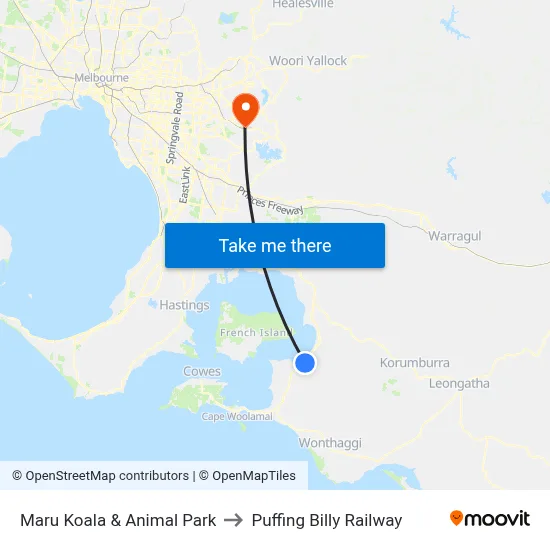 Maru Koala & Animal Park to Puffing Billy Railway map