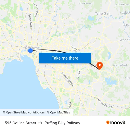 595 Collins Street to Puffing Billy Railway map