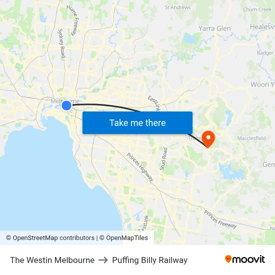 The Westin Melbourne to Puffing Billy Railway map