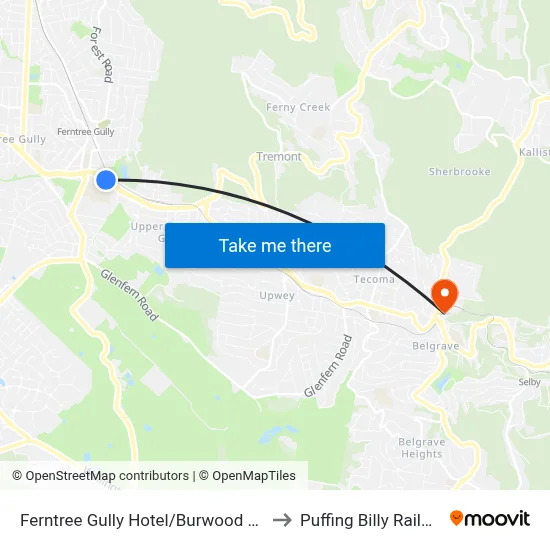 Ferntree Gully Hotel/Burwood Hwy to Puffing Billy Railway map