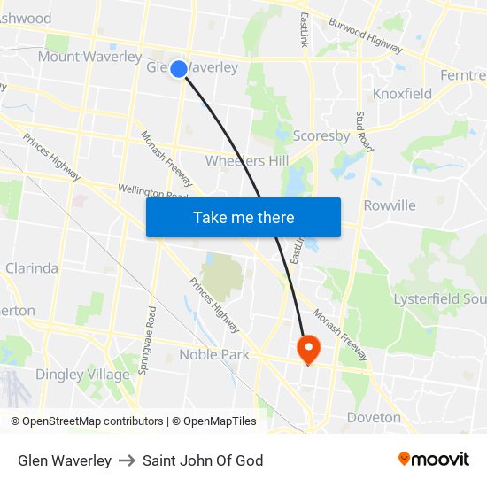 Glen Waverley to Saint John Of God map