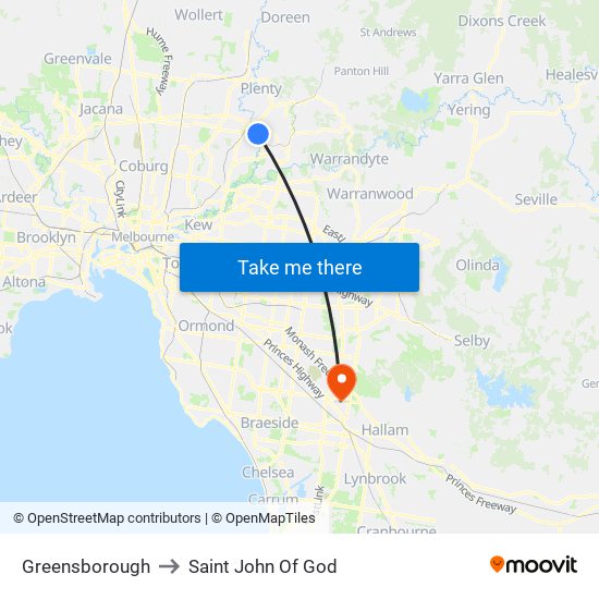 Greensborough to Saint John Of God map