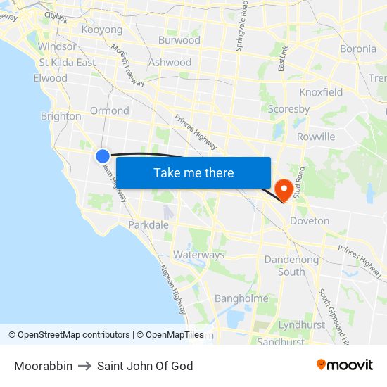 Moorabbin to Saint John Of God map