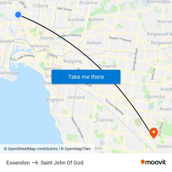 Essendon to Saint John Of God map