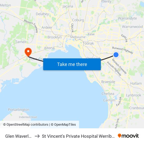 Glen Waverley to St Vincent's Private Hospital Werribee map