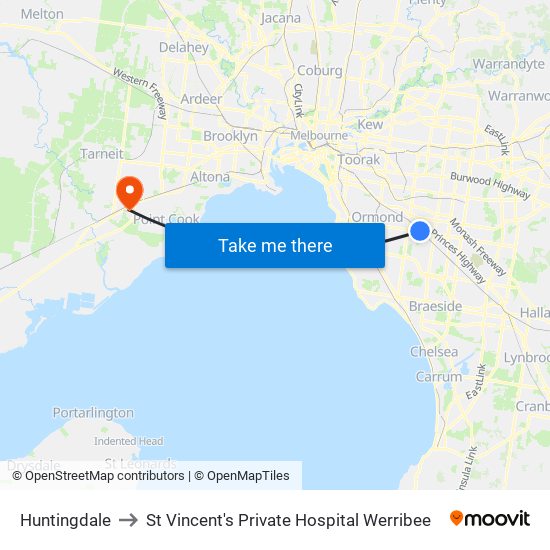 Huntingdale to St Vincent's Private Hospital Werribee map