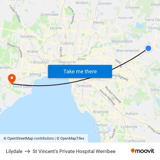 Lilydale to St Vincent's Private Hospital Werribee map
