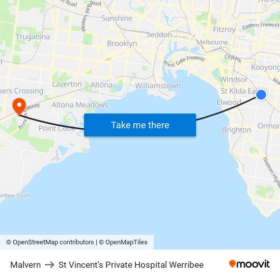 Malvern to St Vincent's Private Hospital Werribee map