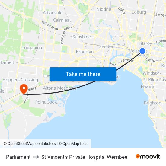 Parliament to St Vincent's Private Hospital Werribee map