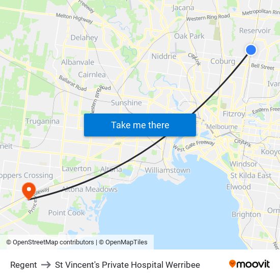 Regent to St Vincent's Private Hospital Werribee map