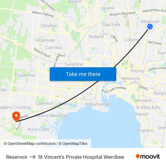 Reservoir to St Vincent's Private Hospital Werribee map