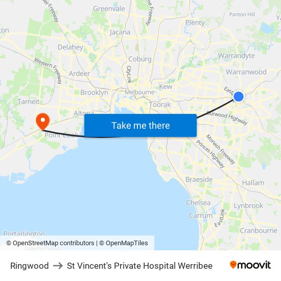 Ringwood to St Vincent's Private Hospital Werribee map