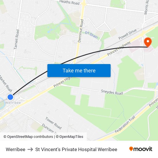 Werribee to St Vincent's Private Hospital Werribee map