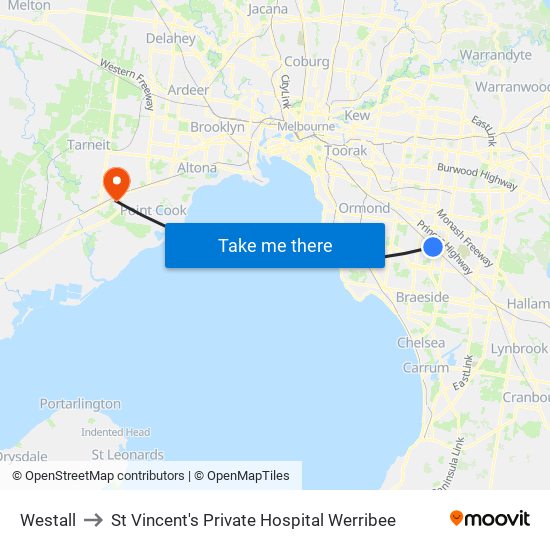 Westall to St Vincent's Private Hospital Werribee map