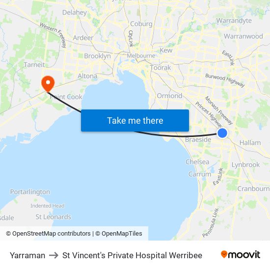 Yarraman to St Vincent's Private Hospital Werribee map