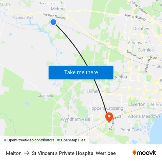 Melton to St Vincent's Private Hospital Werribee map