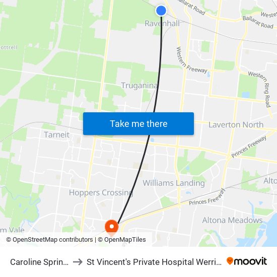 Caroline Springs to St Vincent's Private Hospital Werribee map