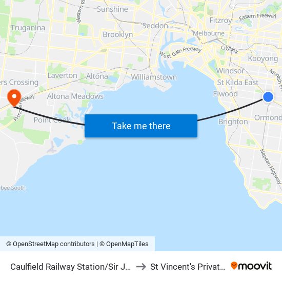 Caulfield Railway Station/Sir John Monash Dr (Caulfield East) to St Vincent's Private Hospital Werribee map