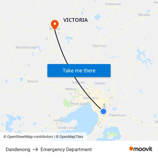 Dandenong to Emergency Department map