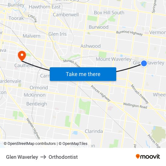 Glen Waverley to Orthodontist map