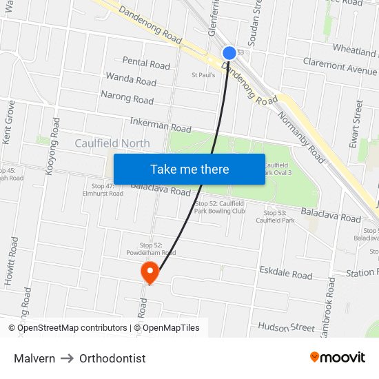 Malvern to Orthodontist map