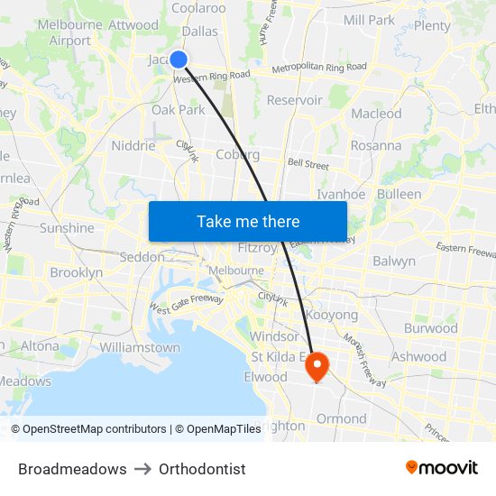 Broadmeadows to Orthodontist map