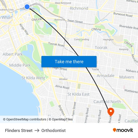 Flinders Street to Orthodontist map