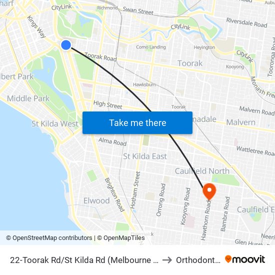 22-Toorak Rd/St Kilda Rd (Melbourne City) to Orthodontist map