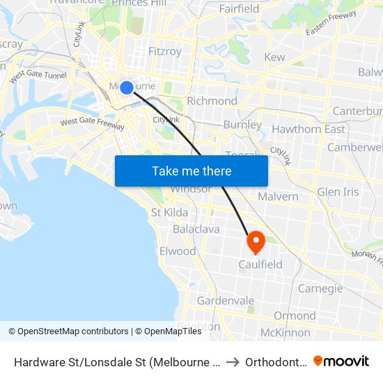 Hardware St/Lonsdale St (Melbourne City) to Orthodontist map