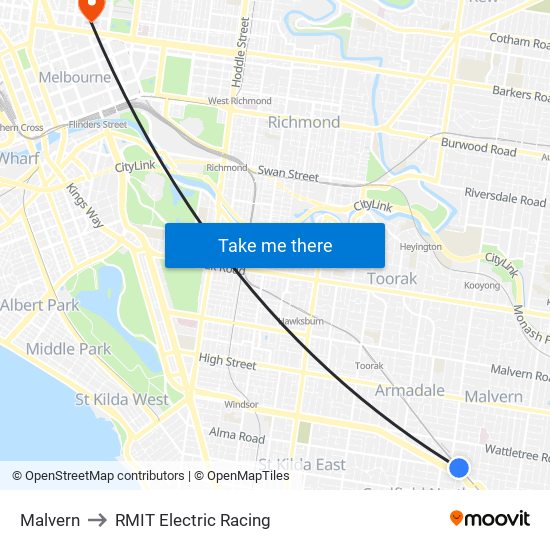 Malvern to RMIT Electric Racing map