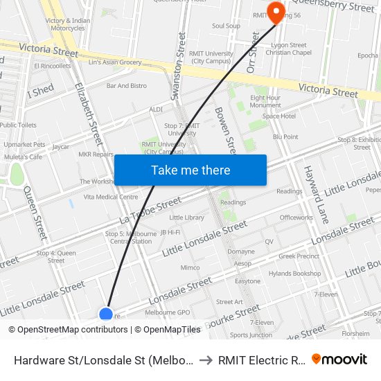 Hardware St/Lonsdale St (Melbourne City) to RMIT Electric Racing map