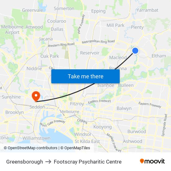 Greensborough to Footscray Psycharitic Centre map